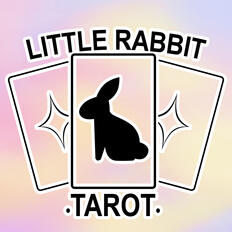 Logo of "Little Rabbit Tarot" with three cards, the center one with a black silhouette of a rabbit, against a pastel red, blue, and yellow background.